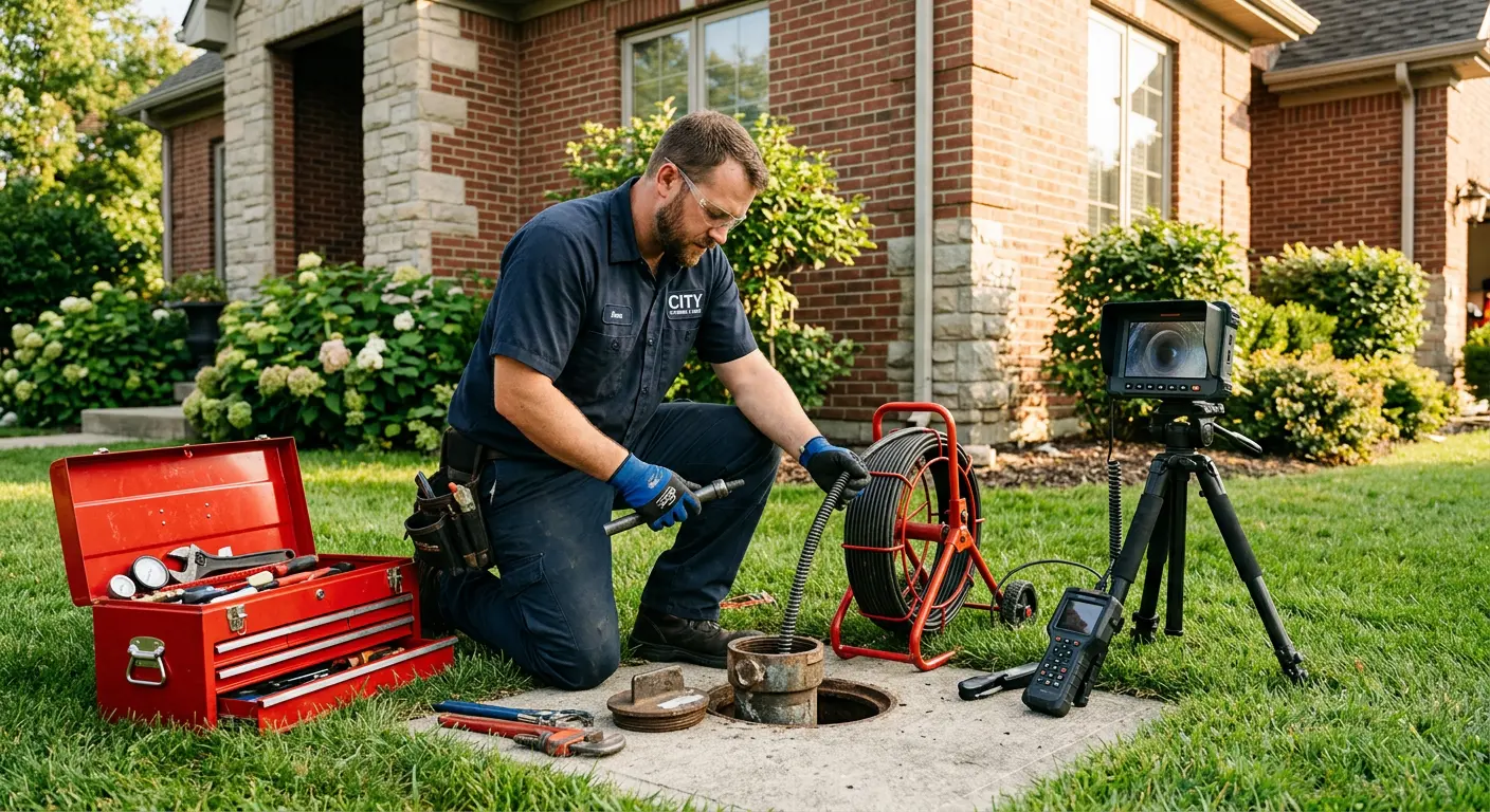 Sewer specialist with camera equipment servicing a cleanout in Willowbrook