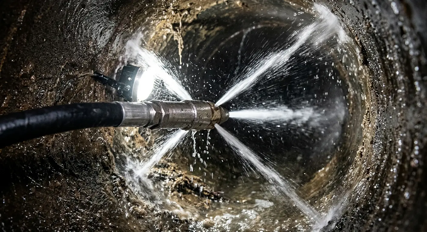 High-pressure hydro jetting nozzle cleaning sewer pipe for Sewer Cleanout in Willowbrook